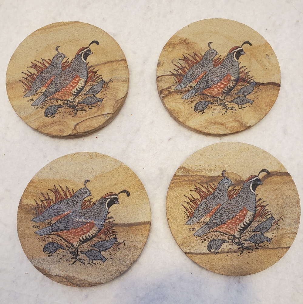 DS Quail Male and Female Stoneware & Cork Coasters, Set of 4
